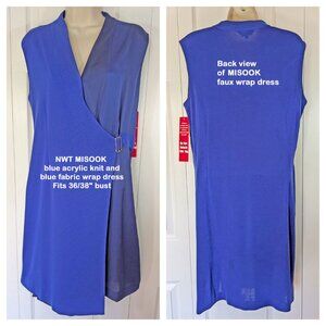 NWT MISOOK blue acrylic knit & blue fabric wrap dress, 36/38" bust, Sleeveless